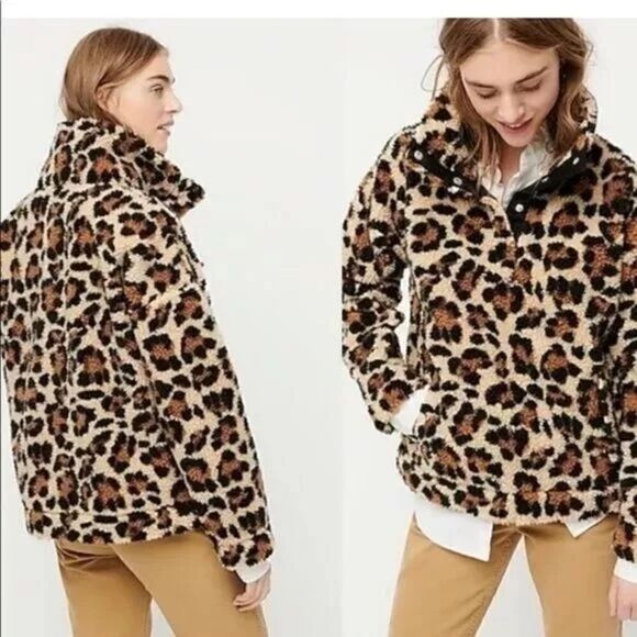 J. CREW | VINTAGE FLEECE Leopard Snap-Collar Sherpa Fleece Pullover | XS - Picture 1 of 8